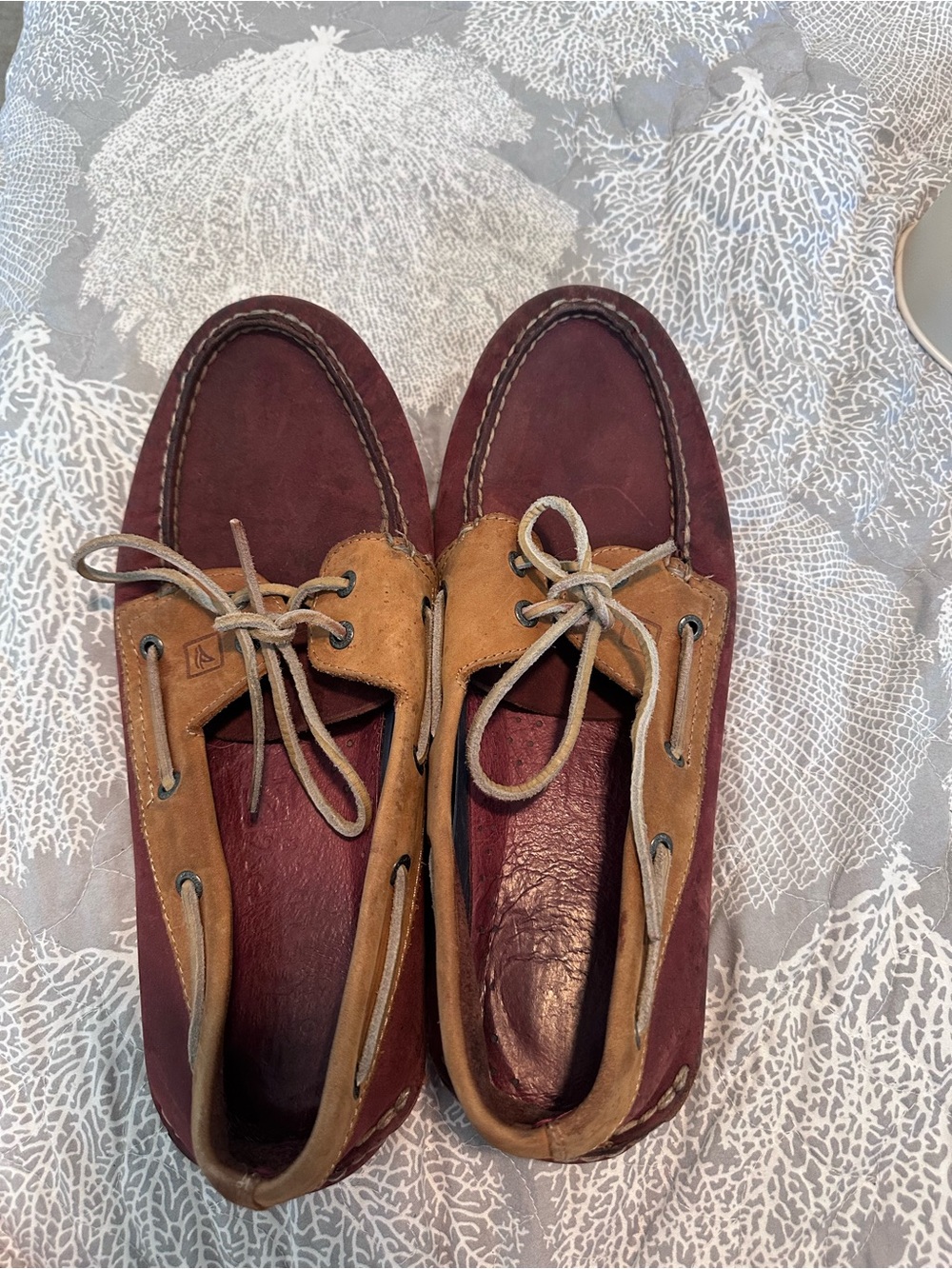Sperry Two-Tone Suede Boat Shoes in Burgundy and Tan